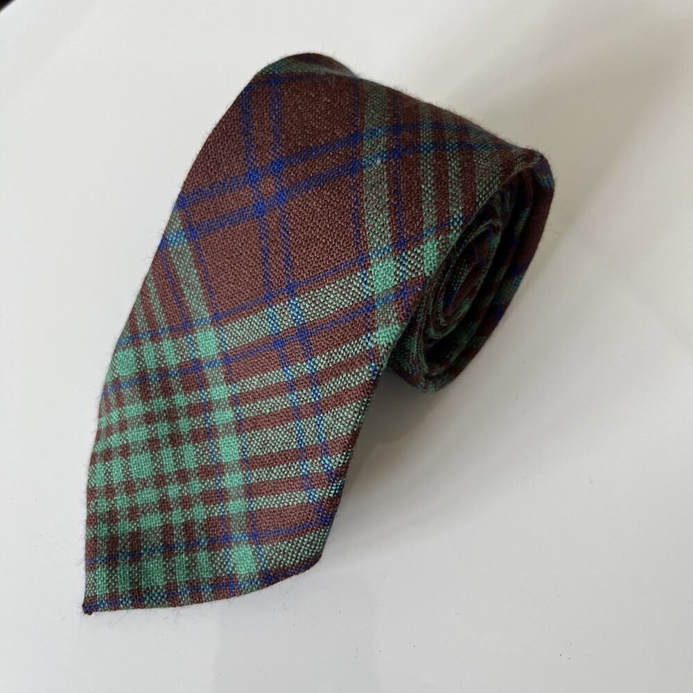 SCOTLAND Men Wool Tie MACGILLIVRAY Tartan Woven Plaid Green Brown Blue Slim 3x55